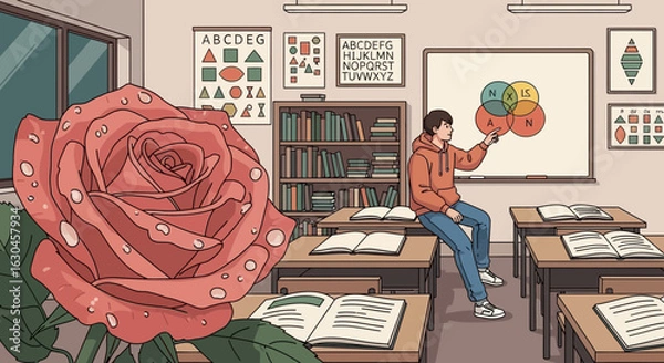 Fototapeta Contrasting Worlds: A Rose's Beauty Intertwined with the Rigor of Classroom Learning