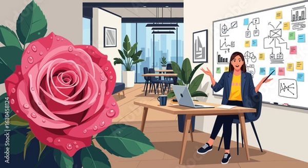 Fototapeta Illustration of a business meeting with a woman presenting in a modern office setting
