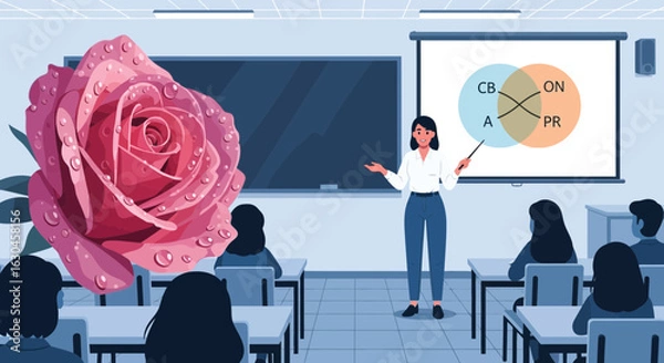 Fototapeta Illustration of a Teacher Explaining Venn Diagram in a Classroom with a Rose