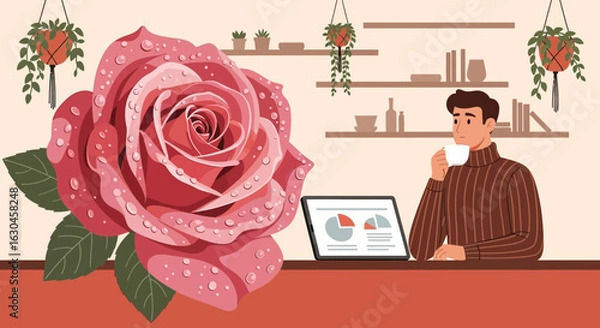 Fototapeta Illustration of a man working from home with rose and indoor plants decoration