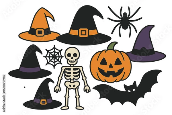 Obraz Illustration of halloween party photo booth props and masks set, including pumpkin, hats, monster, skull, and holiday costume elements, along with halloween stickers and icons