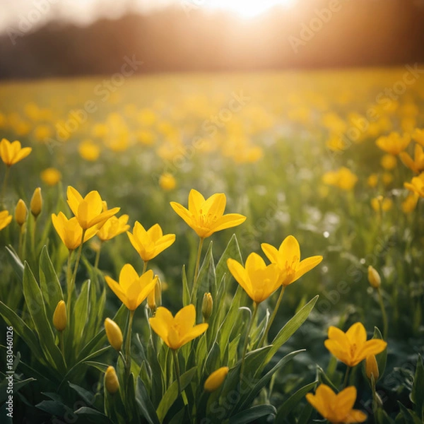 Fototapeta A field of yellow wild tulips (Tulipa sylvestris) bathed in warm, golden sunset light.