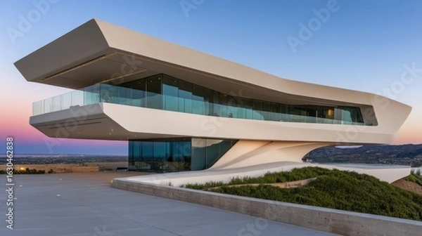 Fototapeta Modern, architectural home with sleek, flowing lines.