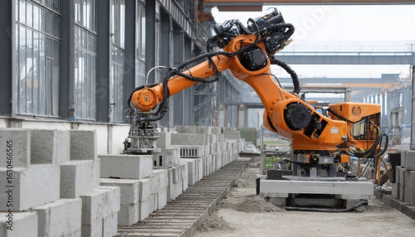 Obraz A robotic arm actively places concrete blocks in a structured arrangement on a construction site, showcasing modern automation technology