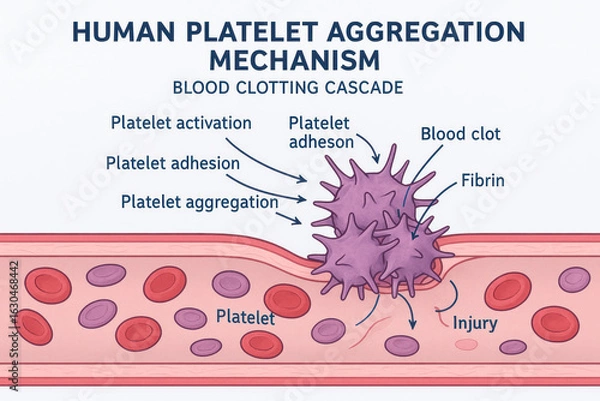 Obraz Human Platelet Aggregation Mechanism: Blood Clotting Cascade, Illustration