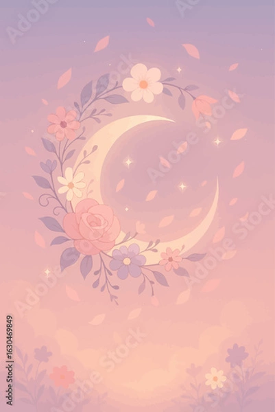 Fototapeta Dreamy pastel illustration of a glowing crescent moon adorned with delicate flowers and falling petals, set against a soft twilight sky with twinkling stars, perfect for greeting cards, wall art, and 