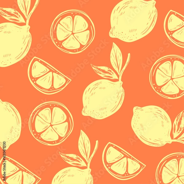 Obraz Seamless Lemon Pattern – Hand Drawn Citrus Fruit on Orange Background