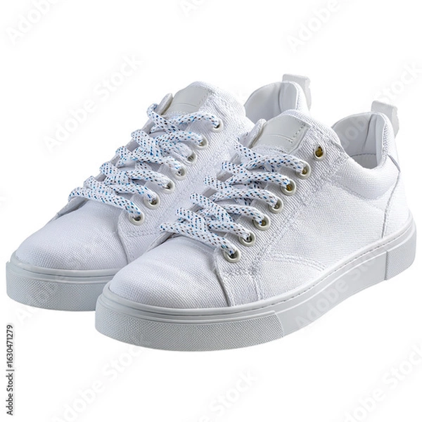 Fototapeta Pair of White Canvas Sneakers with Blue and White Shoelaces on a Black Background, Stylish Casual Footwear for Men and Women, Fashionable and Comfortable Shoes for Everyday Wear, Studio Shot