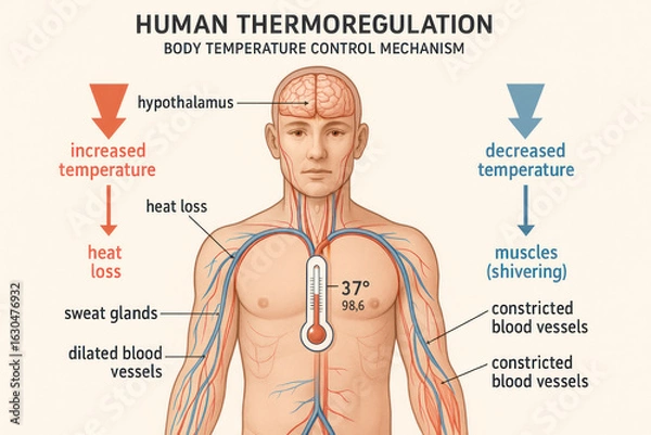 Obraz Human Thermoregulation Mechanism, Body Temperature Control, Illustration