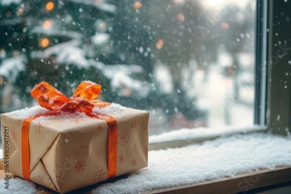 Obraz Photo of christmas gift box with orange ribbon on snowy windowsill