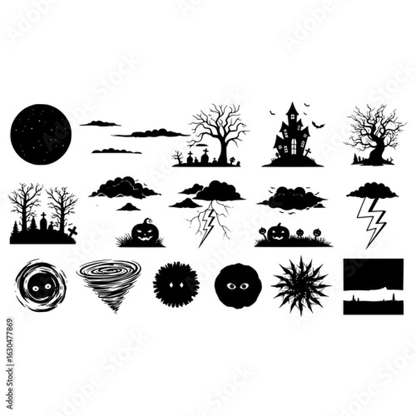Fototapeta Halloween silhouette vector spooky night scene with haunted house graveyard pumpkins trees and moon elements design
