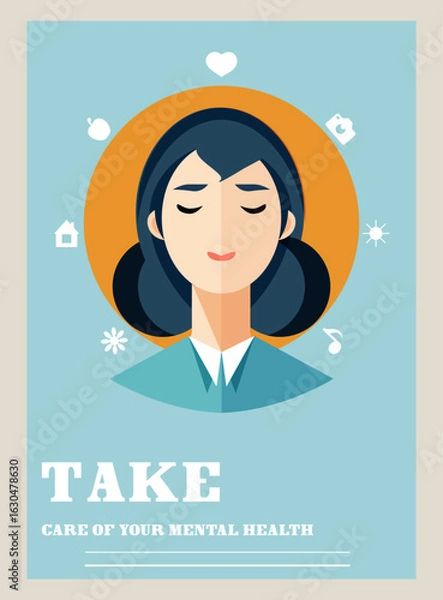Obraz Modern flat vector illustration of a woman with closed eyes in a state of calm and inner harmony. Around the head are icons related to health, nature, home, love, music and rest. 
