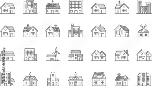 Fototapeta Eco-Friendly House Icon Set | Solar Panel Homes, Windmill Buildings, Modern Green Architecture, Renewable Energy Vector Illustrations for Sustainable Living, Real Estate, Web, UI, Environmental Projec