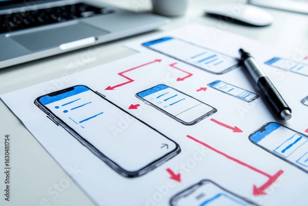 Fototapeta Mobile app user flow diagram and wireframes on desk