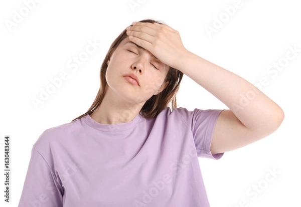 Obraz Young woman suffering from headache on white background