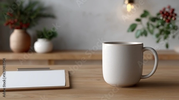 Obraz Cozy modern dental office with festive mug and clipboard for seasonal decor ideas