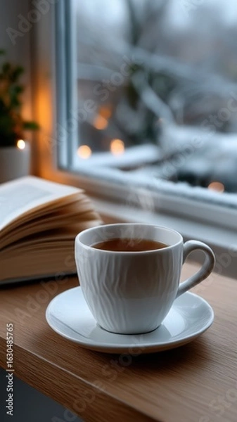 Obraz Cozy winter reading by the window with tea and book