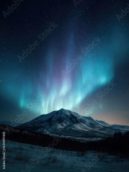 Fototapeta Majestic Aurora Borealis Illuminating a Mountain Landscape in a Serene Night Sky Over a Winter Wonderland
