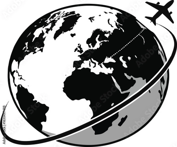 Fototapeta Global Travel Icon with an Airplane Circumnavigating the Earth