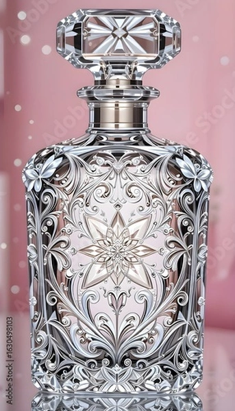 Fototapeta An exquisite glass perfume bottle designed with stunning silver floral engravings. The entire surface of the bottle is wrapped in metallic silver detailing, forming an intricate lacework of flowers an