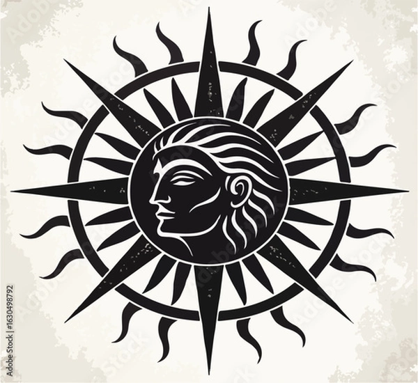 Fototapeta Vintage Sun with a Human Face and Pointed Rays