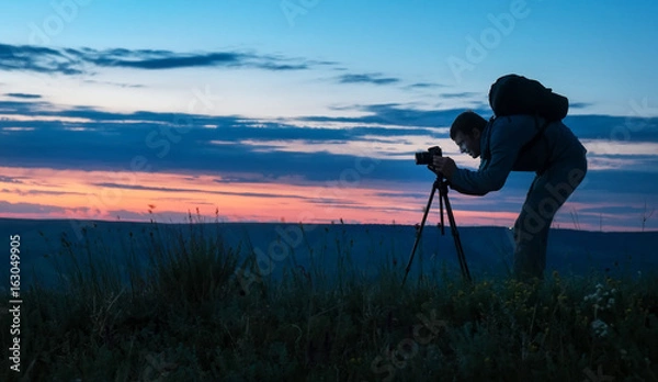 Fototapeta Silhouette of a professional photographer using a tripod, taking a photo of a mountain landscape