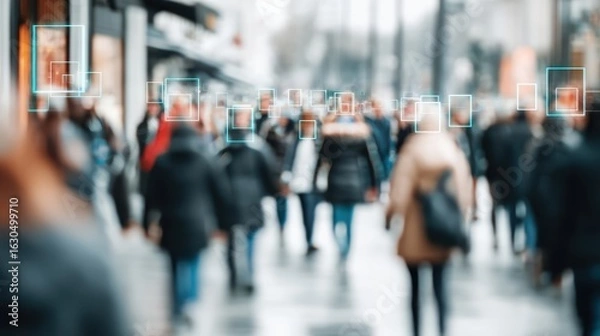 Fototapeta Crowded city street with people walking, some faces framed by digital recognition boxes, symbolizing surveillance and technology in urban environments