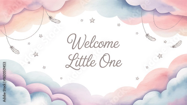 Obraz Soft watercolor clouds frame a welcome little one message watercolor background