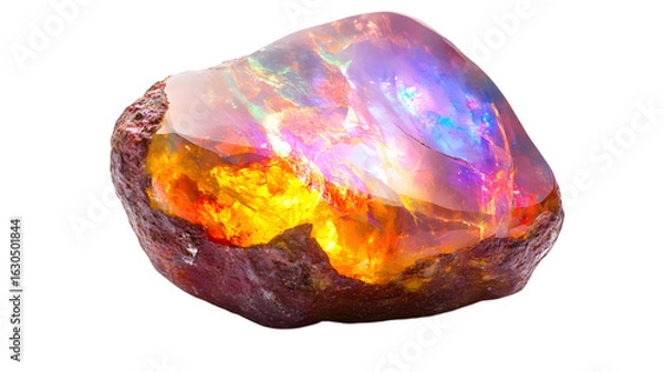 Fototapeta Vibrant raw opal displays fiery orange, pink, and blue iridescence with rough textured edges isolated on white background 