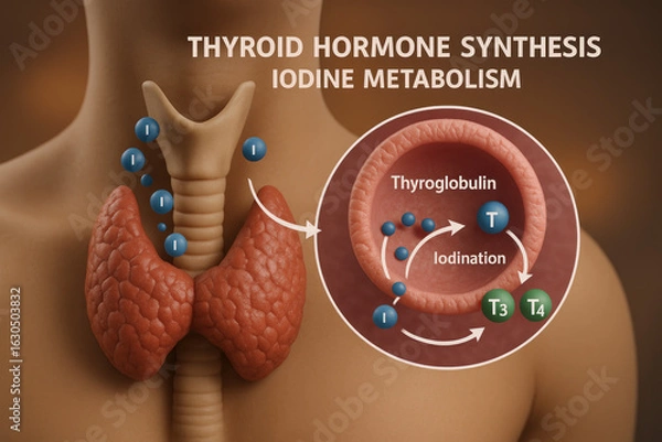 Obraz Thyroid Hormone Synthesis and Iodine Metabolism, Illustration