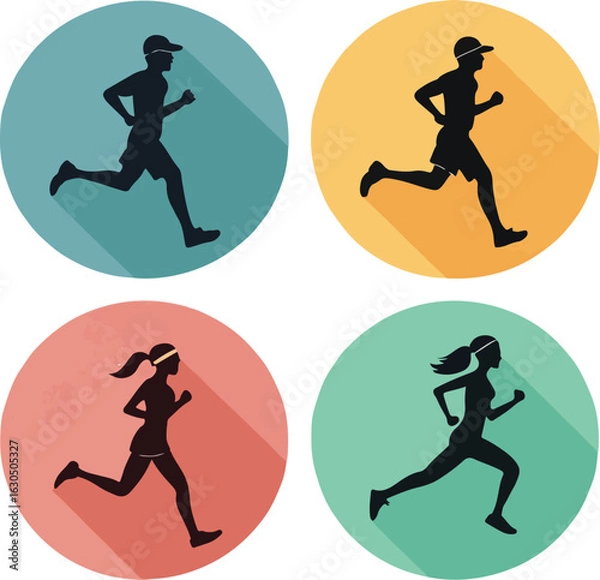 Fototapeta Running People Icons Set, Male and Female Runners with Long Shadow Vector
