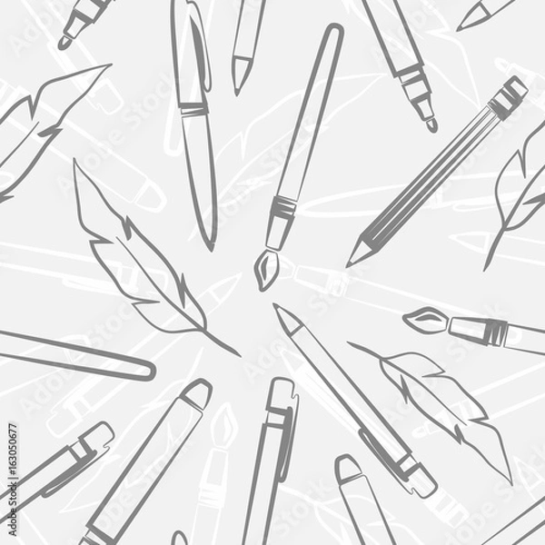 Fototapeta Vector background with stationery: pens, pencil, brush, pen. Seamless education pattern.