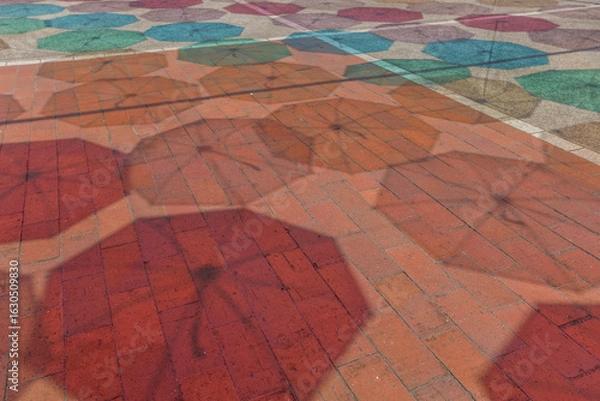 Obraz 夏の晴れた日に、地面に映る色とりどりの傘の影