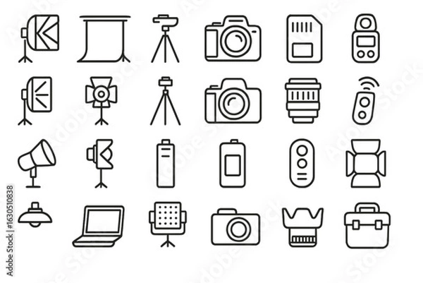 Fototapeta Essential photography equipment and accessories arranged in a neat layout for creative opportunities in digital imaging