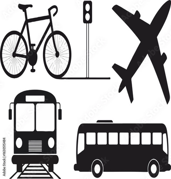 Fototapeta Urban Transportation Icons Set, Bicycle, Airplane, Train, and Bus Silhouette Vector