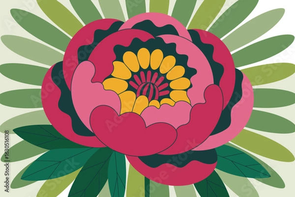 Fototapeta A vibrant floral illustration featuring a blooming flower with colorful petals and leaves, creating a decorative botanical design