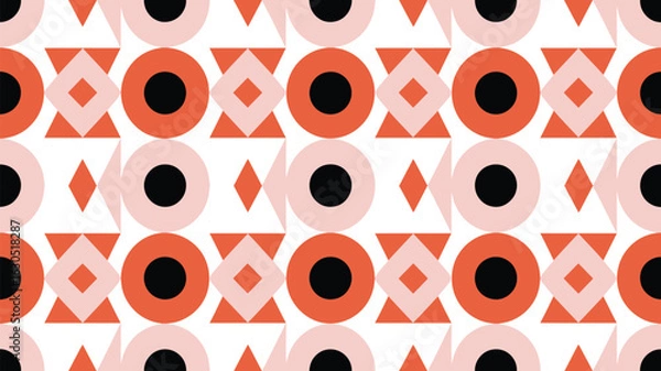 Fototapeta A retro geometric pattern with circles, triangles, and diamonds in pink, orange, and black