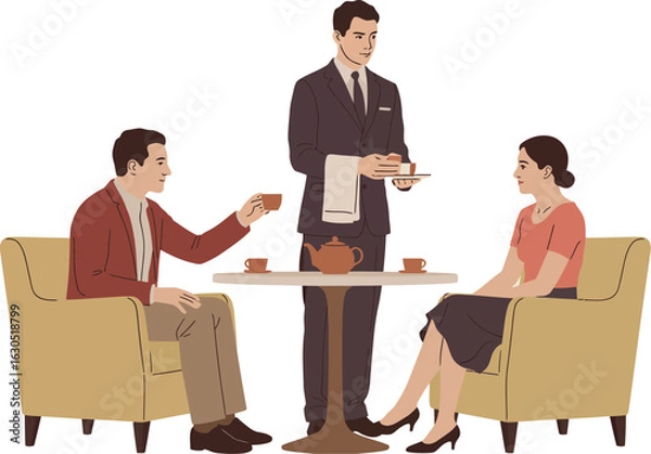 Fototapeta A waiter is serving tea to a couple sitting at a table in a restaurant, creating an elegant and social atmosphere