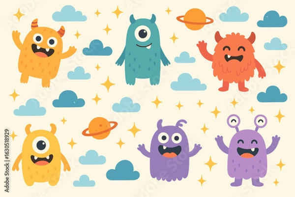 Fototapeta Colorful cartoon monsters enjoying a whimsical day in a cheerful outer space setting with planets and clouds
