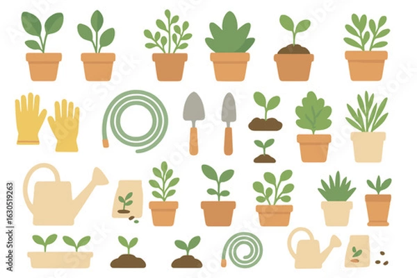 Fototapeta Gardening tools and plants arranged in a colorful pattern on a simple background for creative inspiration