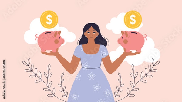 Fototapeta A woman is balancing piggy banks with dollar coins, symbolizing financial planning and investment for future wealth