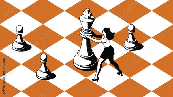 Fototapeta A woman is strategically moving a chess king on a chessboard, surrounded by pawns, symbolizing leadership and strategy