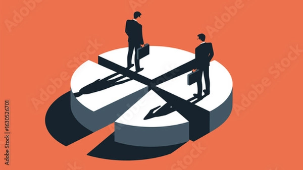 Fototapeta Two businessmen are standing on a pie chart representing market share and financial strategy