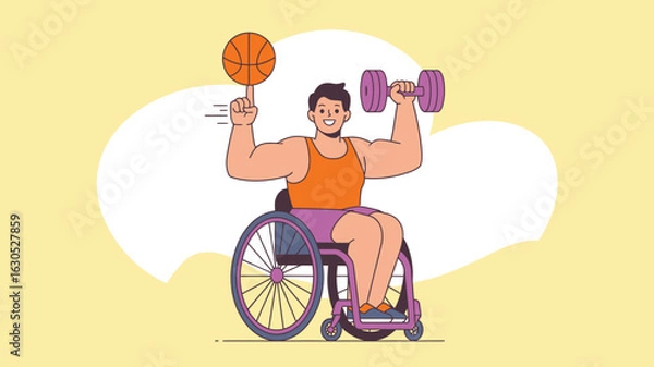 Fototapeta A man in a wheelchair is balancing a basketball on his finger while lifting a dumbbell