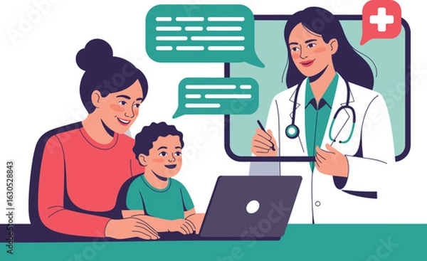 Fototapeta A doctor is having a telemedicine consultation with a mother and child on a laptop