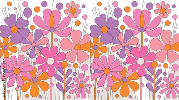 Fototapeta A groovy floral pattern with pink, purple, and orange flowers creates a retro and decorative background