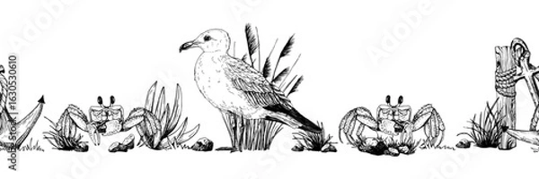 Fototapeta Seamless black and white marine border features detailed vector sketches of a seagull, crabs, anchor, rope, rocks, and coastal grasses. Perfect for nautical themed decorations, invitations.