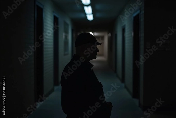 Fototapeta Nighttime Security Guard Patrolling Building Alley