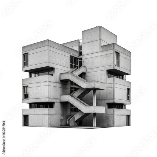 Fototapeta Brutalist architecture building with external staircase isolated on transparent background