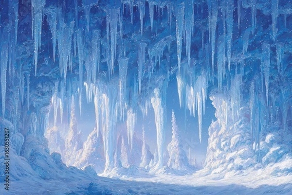 Fototapeta Anime background Magical ice palace icicles hang like crystals frosty air biting cold